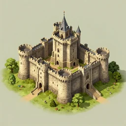 an isometric view of medieval castle in the middle of england, illustration, art, hyper detailed