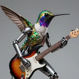 a portrait of an anthropomorphic cyberpunk hummingbird head, shredding an electric guitar by sandra chevrier, by jon foster, detailed render, epic composition, cybernetics, 4 k realistic, fender stratocaster, cryengine, realistic shaded lighting, sharp focus, masterpiece, by enki bilal