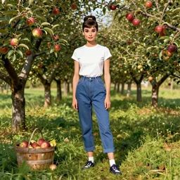 portrait audrey hepburn as hot farmer in a apple orchard, full length shot, shining, 8 k highly detailed, sharp focus, illustration, art by artgerm, mucha, bouguereau