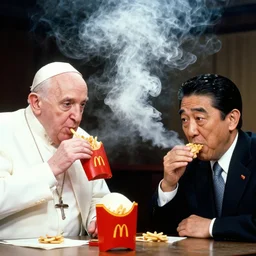 big smoke from gta eating mc donalds with the pope and shinzo abe, photo by slim aarons, award winning