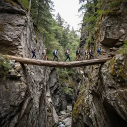 photos of a group of hikers slowing walking across a fallen giant tree acting as a bridge across a huge chasm over a deep gorge, in the style of national geographic