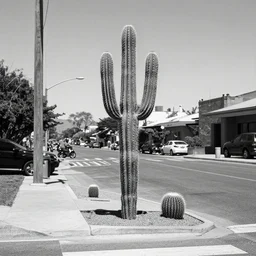 living cactus crossing the street, greyscale, 4 k