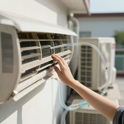 a girl's hand on an air conditioner in a room, outside another air conditioner on the terrace connected by transparent tubes with a blue liquid, depth of field, sunny, ultra realistic, very detailed, 8 k hyper realistic detailed cinematic still by nadav kander