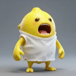 a gross biopunk lemon creature screaming in pain with white a tunic, full body image, hyperrealistic