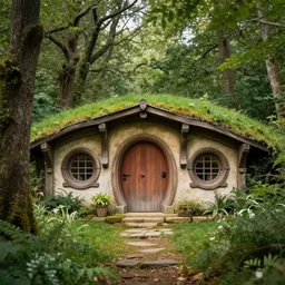 a hobbit house in the forest designed by frank lloyd wright, realistic photo