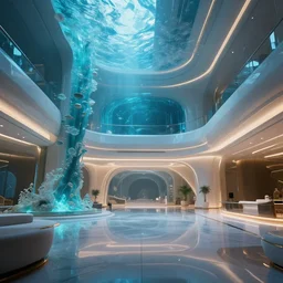futuristic hall, crisp, artstation, luxury, beautiful, dim painterly lighting volumetric aquatic, 3 d concept art