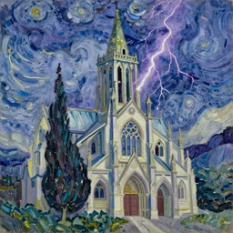 expressionist oil painting by van gogh of lightning storm over a tall gothic church, landscape painting, expressionism, 8 k resolution, small brushstrokes, watercolor palette