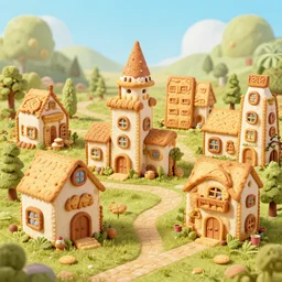 buildings made of cookies in a fairytail village, artstation