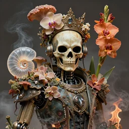 3 d close - up portrait of the retro futuristic robot in vintage death beath mask in mad max style clothes and crown overgrown with fungi and giant orchid flowers and giant gladiola flowers, intricate, elegant, surrounded by smoke and burning. translucent nautilus, highly detailed, by wlop, tooth wu, greg rutkowski, alena aenami