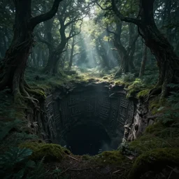 a mysterious vast sinkhole, a hole in the ground, an ancient forest of gnarled trees, an ecological gothic scene, a bewitching darkness, witch runes in the deep forest surrounding the sinkhole, magical clearing, sunshafts, dramatic lighting, dust motes floating in the sunlight, 4 k concept art