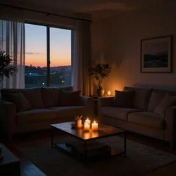dark dreamy living room, candlelight glow, sunset