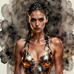 fierce wet fashion model, in the style of irakli nadar, liquid metal top, effervescent, warm, dark, brooding, poster art, high detail, hyperrealistic watercolor, deep mood, hyperrealism, 3 d, epic and cinematic, roger deakins on cinematography
