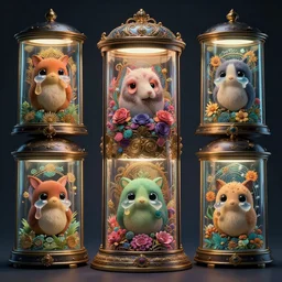collection of cute animals in cryochambers, moody :: studio ghibli, beeple and James Gilleard and Justin Gerard :: ornate, dynamic, particulate, rich colors, intricate, elegant, highly detailed, centered, artstation, smooth, sharp focus, octane render, 3d