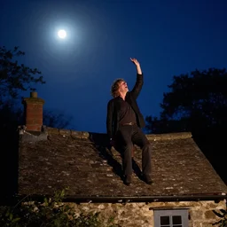 bert jansch on the roof of a small medieval cottage, howling at the moon, beautiful nighttime photograph, 4 k