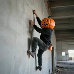 spooky pumpkin man climbing walls in a abandoned home depot, emotional, trending on artstation, 8 k