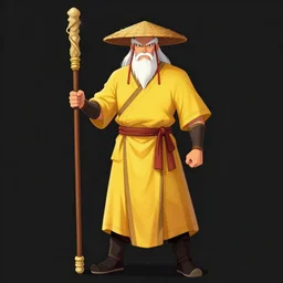a chinese battle monk, wearing a yellow toga, a straw hat, holding a wooden long staff, long white beard, digital art, full body shot, drawn in the style of dungeons and dragons