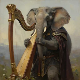 painting of humanoid elephant wearing medieval bard clothes and holding a harp, epic, trending on artstation, masterpiece, cinematic lighting, by ross tran and by greg rutkowski