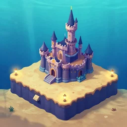 underwater ariel's castle isometric 2. 5 d game level, myvmk, with detailed sand, clean, lanterns, disney, toon shader, arnold maya render, artgerm, artstation by miha rinne