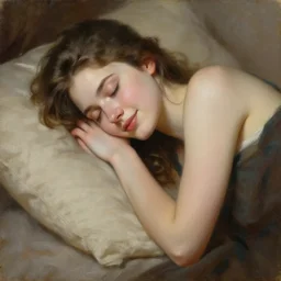 full - bodied portait of elegant and beautiful sleeping girl, with joyful expresion, oil painting, high qulity realistic, hd, 8 k, art by evan wilson