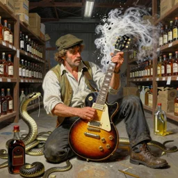 Snake Oil salesman shredding on a Gibson Les Paul in a snake oil warehouse, snakes and oil everywhere, painting by Frank Frazetta