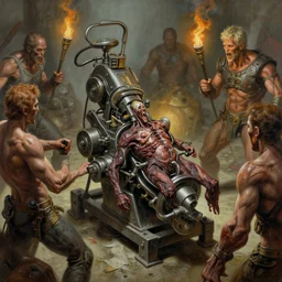 oil paint medical gangrene machine, in dethroning melee, battle pit, by wayne d barlowe, boris vallejo, stefano tamburini, torch light, muted colors, epic, hyper detailed, awe inspiring, award winning horror, hyper realism, cinematic