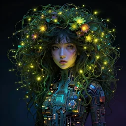 anime girl electronic circuitry, with fireflies with a thick mane of bioluminescent vines and flowers by basqiuat, ralph steadman, street art, trending on artstation, dramatic lighting, octane render, weta digital, trending on deviant art, deepdream, ray trace