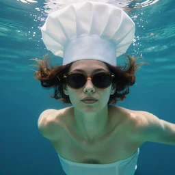 women, chef hat on top of head, wearing sunglasses, under water, 8 k, art station, greg rutkowski, alphonse mucha, roger deakins