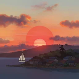 a beautiful painting of sunset, round red sun, gorgeous clouds in the sky, warm seaside town, white sailboat on the sea, japanese animation style, by hayao miyazaki, by greg rutkowski, trending on artstation