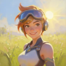 a beautiful oil painting of tracer from the game overwatch in the style of delphin enjolras, standing alone in grassy field, smiling while the sun shines down, feminine face, light rays, radiant quality, 4 k, brush strokes, anatomically accurate face, beautiful eyes, peaceful atmosphere, artstation, heavenly glow, tracer overwatch, tracer face, detailed face, smiling, tracer vizor,