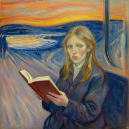 a reading girl on the train, canvas, oil paint, cinematic, detailed, artwork by edvard munch