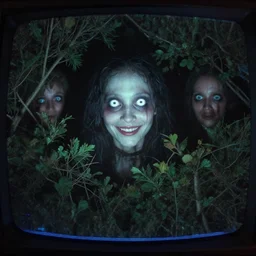 movie frame still from live action ghost lady watching us from the bushes in the night, big glowing eyes, innocent smile, 8 k, vhs glitch, old tv, ultra wide angle, zenith view, greg rutkowski, intrincate, highly detailed, ilm, oscar winning photography, grain, dramatic lighting, greg nicotero, horrifying movie, nightmare fuel, horror movie