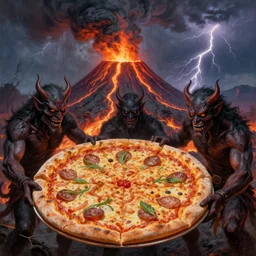masked demons grabbing a large pizza!!!, in the background is a volcano spewing lava and black smoke, streams of glowing hot lava, flashes of lightning in the distance. wide angle, long shot, an ultrafine detailed painting by greg rutkowski, deviantart, pop surrealism