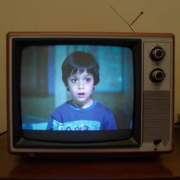 a old tv displaying a creepy kid tv show