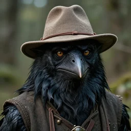 ( ( ( head and shoulders portrait of a kenku crow person wearing a porkpie hat ) ) ), d & d, fantasy, dave mckean, peter mohrbacher