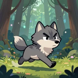 angry cartoonish cute anthropomorphic wolf running, in a mystical forest full of wonders, pine trees, magical atmosphere, trending on artstation, 30mm, by Noah Bradley trending on ArtStation, deviantart, high detail, stylized portrait