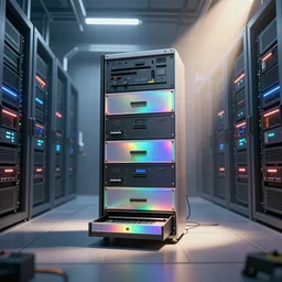 an immaculate volumetric path tracing lighting render of a of beautiful iridescent large tape drive device at the center of a vast modern datacenter, fog, god rays, and nixie tubes by eric lafforgue and beeple, beautiful modern colors, ultradetailed, 4 k ultra
