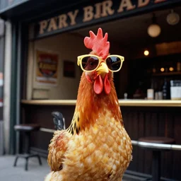 the funky chicken wearing oversized sunglasses being a cool guy standing outside of a brooklyn bar, 1 9 7 0 s. 3 5 mm photo.
