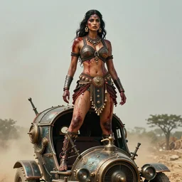 vertical movie frame with ancient indian female standing on steam punk buggy, hunt, armor inspired by apocalypto and fashion, strong blooded body, brutal blooded sluty symmetrical face, epic, award winning, establishing shot, extremely high detail, photorealistic, brutal, provocative, octane render, editorial, extreme sports photography