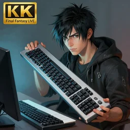 upper body portrait of a keyboard warrior from final fantasy live action, holding a computer keyboard by his computer, award winning, masterpiece digital painting by greg rutkowski, alex grey, artstation, 4 k wallpaper,
