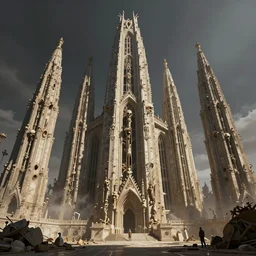 matte painting of mos eisley with towering skeletal temple architecture designed by hr giger, uninhabited, global illumination, volumetric lighting, tom bagshaw, alphonse mucha, craig mullins, weta digital, high contrast