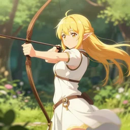 isekai cute anime girl elven archer. in a garden. aesthetic, golden ratio. beautiful lineart, depth focus, rankings pixiv, artstation, chromatic aberration, soft lighting, srgb, 4 k artstation, hdr, cinematic, motion blur, marmoset, blender 3 d, by dave greco, trent kaniuga