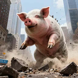 award winning photo of a giant kaiju pig destroying new york