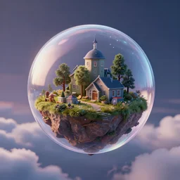miniature island inside a bubble, floating on clouds, realistic 3 d render, unreal engine, solarpunk, maya, 8 k, smooth, sharp focus, octane, twilight