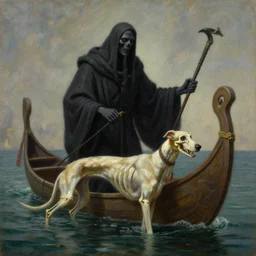 The grim robed boatman of the river styx adopts a skeletal borzoi to be his companion in hades, realistic fantasy artwork, greek mythology, oil painting on matte canvas by James Gurney and Charles Monet
