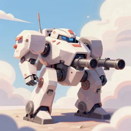 an armored core on the ground, booster, legs, laser rifles, clouds, daylight ; detailed illustrations, pastel tones, deep colors, clear lines, by jordan grimme, greg rutkowski