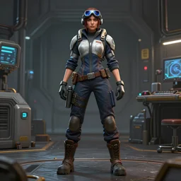 character art of a female engineer wearing high-tech overalls, goggles on her forehead, toolbelt, heavy-duty boots, gloves, videogame character, Starcraft 2, Mass Effect, highly detailed full-body art, futuristic, serious, concentrated, industrial aesthetic, highly detailed, photo realistic, technical atmosphere, 8K, octane render, unreal engine - 256