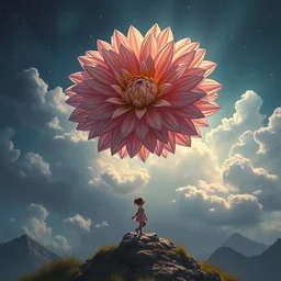 giant dahlia flower over head, girl walking on mountain, surreal photography, stars, dramatic light, impressionist painting, storm clouds, digital painting, artstation, simon stalenhag