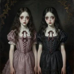a beautiful and eerie baroque painting of two beautiful but creepy siblings wearing vivienne westwood dresses in layers of fear, with haunted eyes and dark hair, 1 9 6 0 s, sixties, wallpaper, a little blood, morning light showing injuries, delicate embellishments, painterly, offset printing technique, by brom, robert henri, walter popp