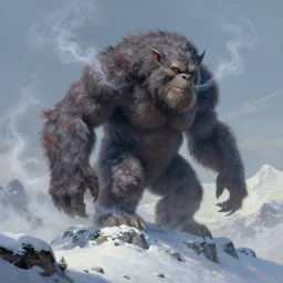 a giant hairy cryptid monster halfway up a snowy mountain  in the style of Sylvain Sarrailh, wispy magical smoke, beautiful digital art, cinematic composition, detailed, concept art, Matt painting, oil painting, high res