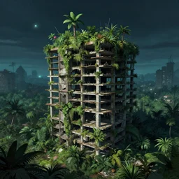 a beautiful ultradetailed illustration of building summit unfinished building abandoned architecture nature urbex by zack snyder, junglepunk nightsky nightvision, archdaily, wallpaper, highly detailed, trending on artstation.